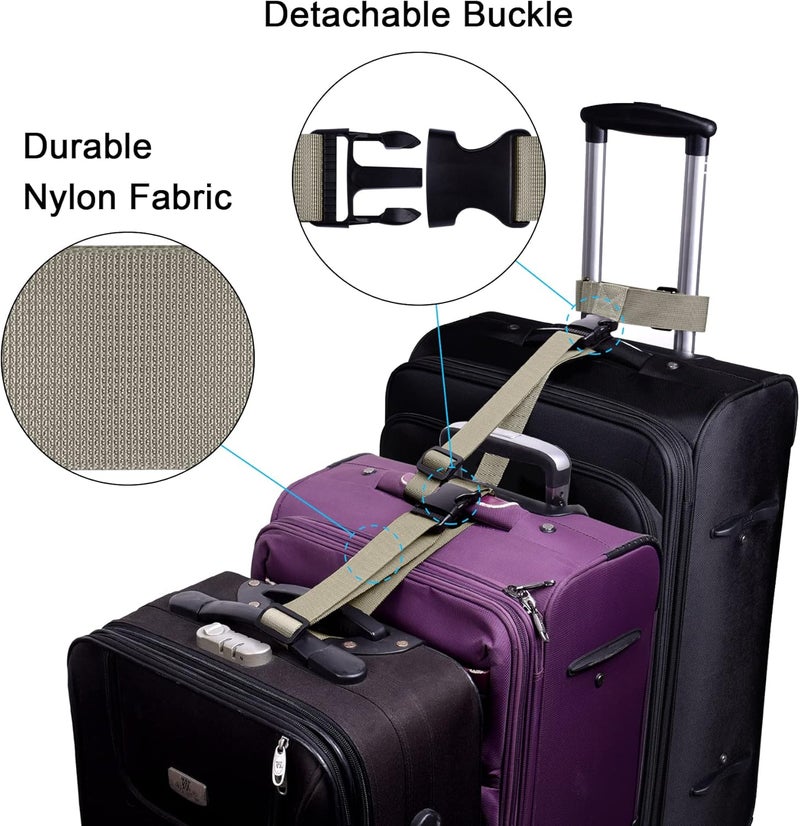 Wisdompro 2 Pcs Add a Bag Luggage Strap, Heavy Duty Adjustable Suitcase Belt Travel Attachment Travel Accessories for Connecting Your Luggage Together - Khaki (T-Type and Normal) - Image 2